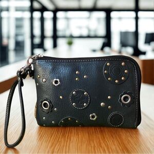 Fossil Black Leather Wristlet Clutch with Gold & Silver Accents & Strap 6.5x4.5